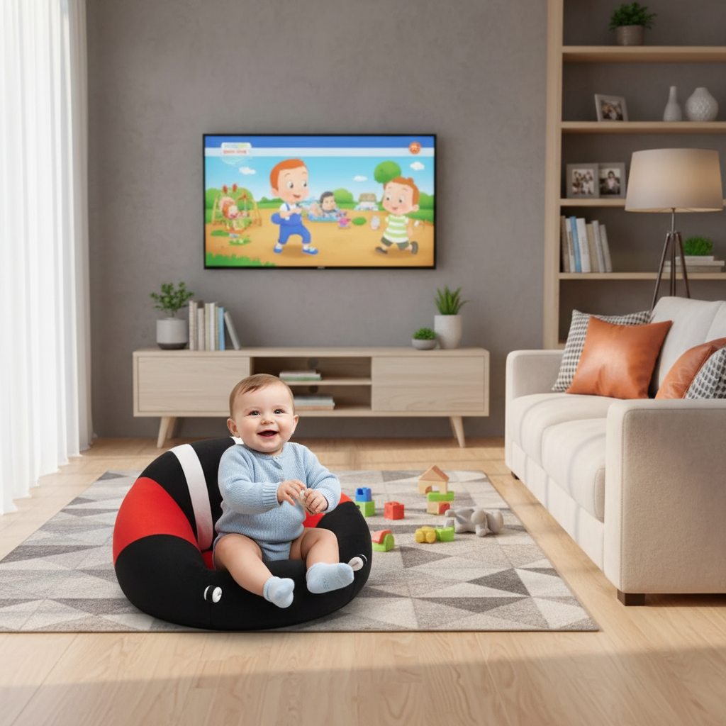 Baby in red and black sofa in TV lounge