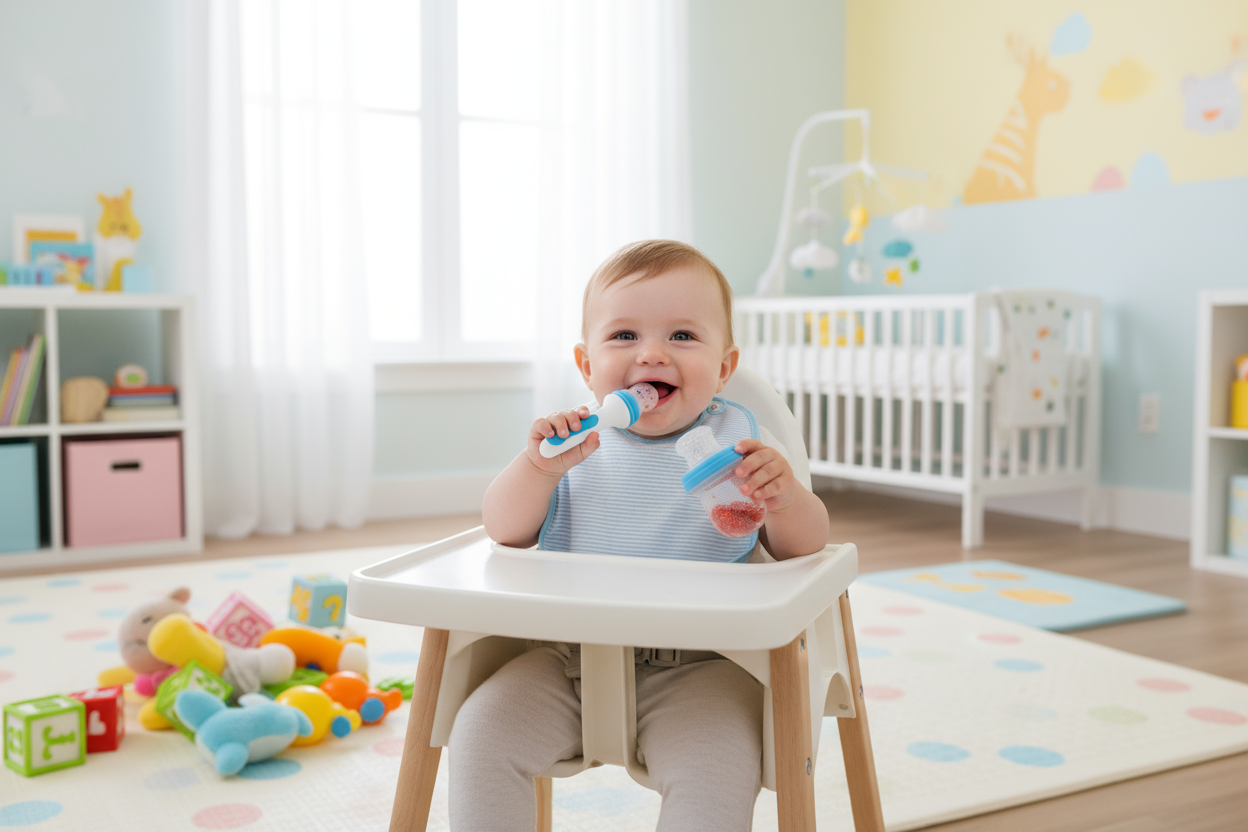 Baby using spoon feeder and fruit pacifier in nursery
