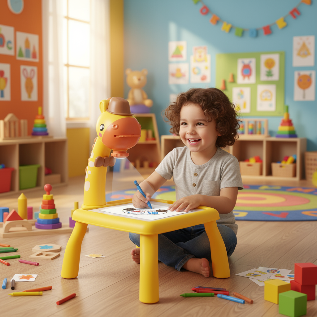 Child using LED drawing projector in school play area
