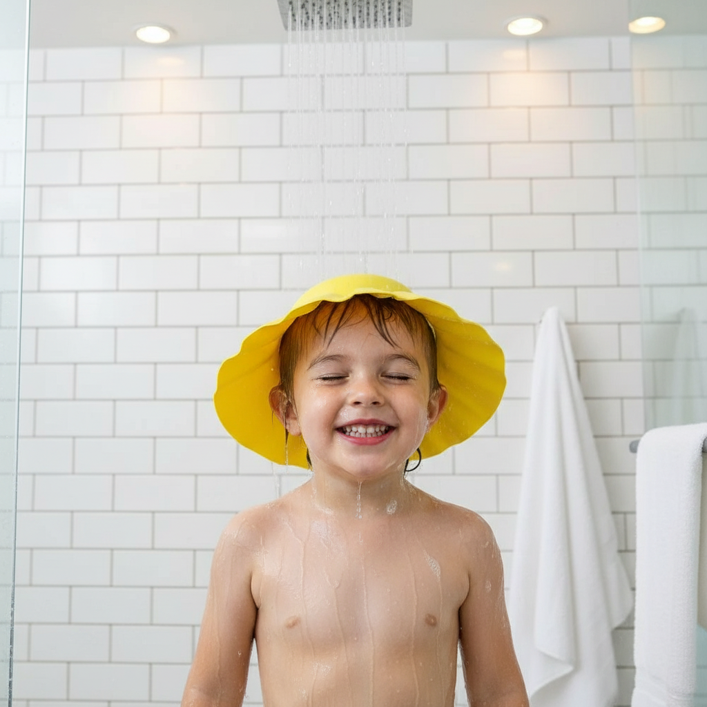 Child wearing shower cap in bathroom