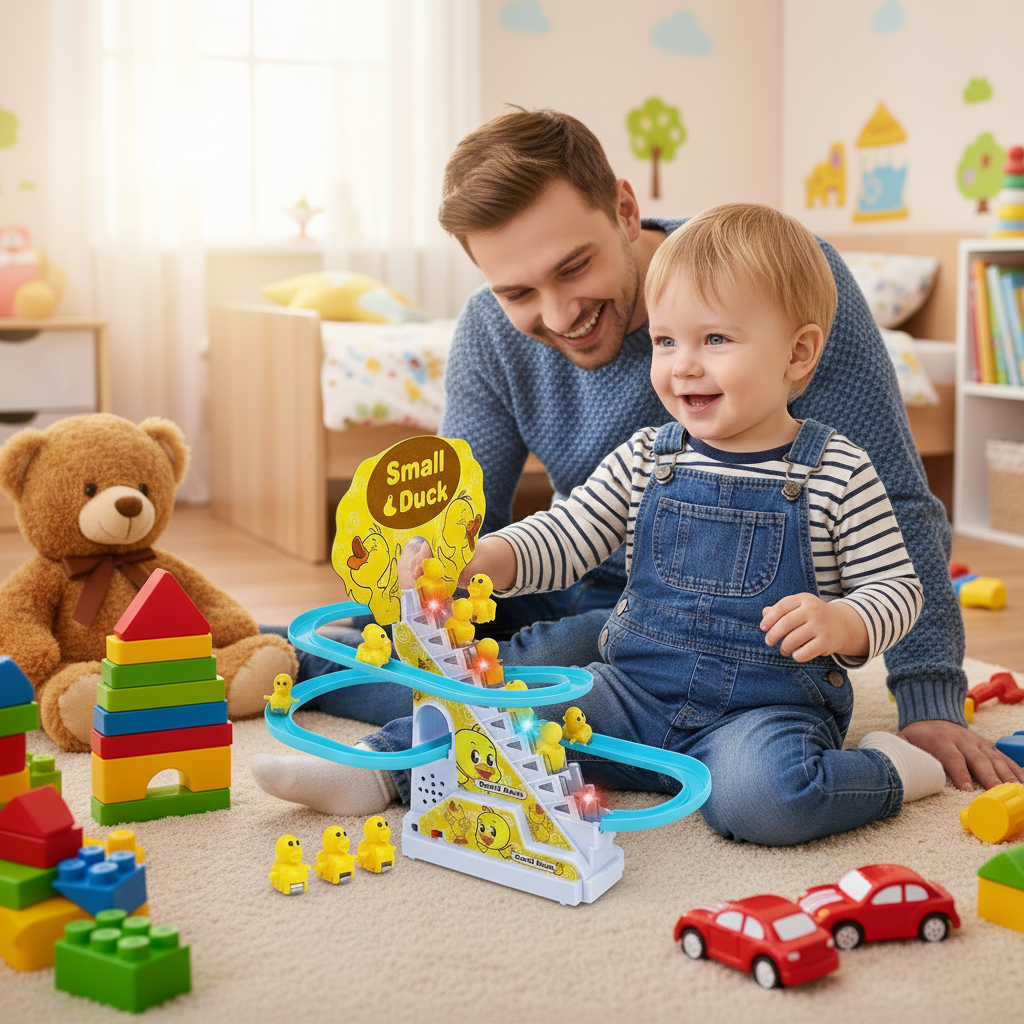 Father and child playing with climbing duck toy