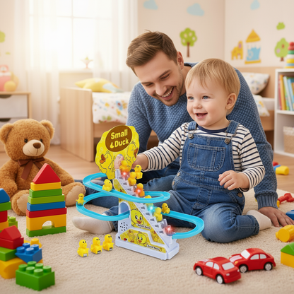 Father and child playing with climbing duck toy