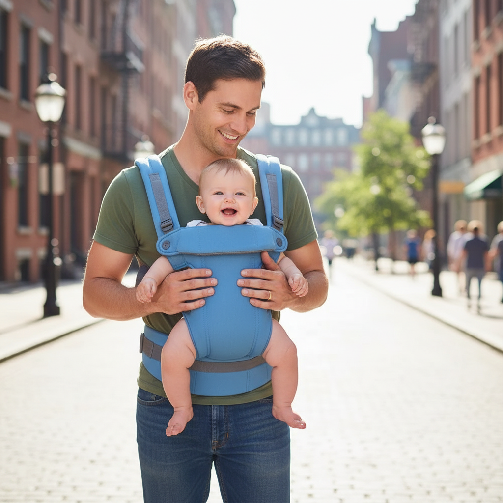 Father carrying baby in carrier