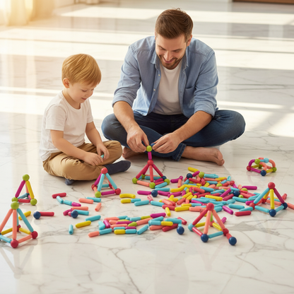 Kid and father surrounded by magnetic toys