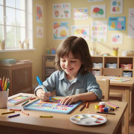 Kid drawing in Magic Water Book at school