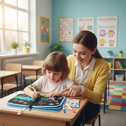 Kid drawing with teacher at school