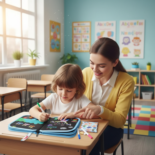 Kid drawing with teacher at school