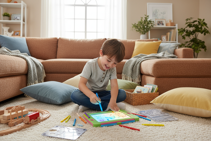 Kid drawing with toy set in lounge