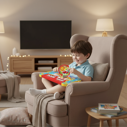 Kid studying with intelligence e-book in TV lounge