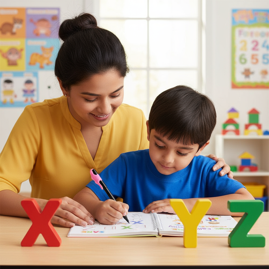 Kid writing XYZ on magic copybook with teacher