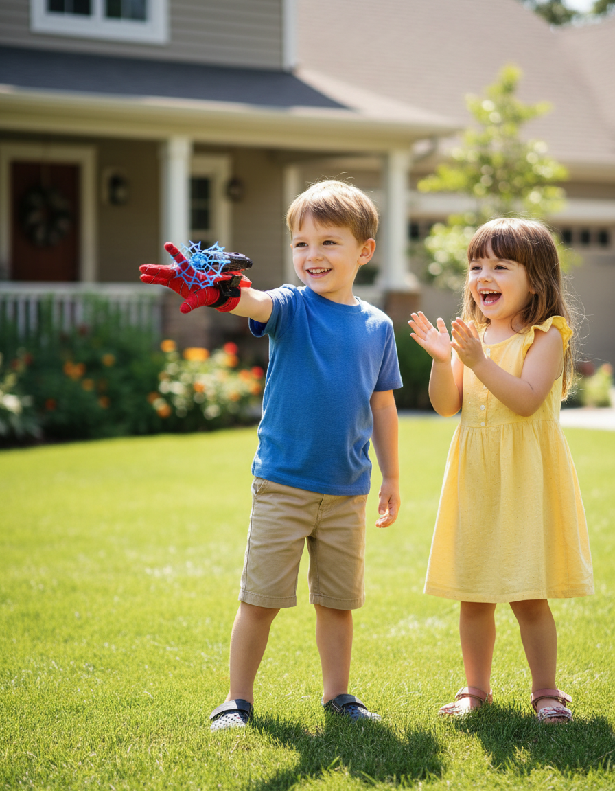Kids playing with Spider-Man web shooter toy in lawn