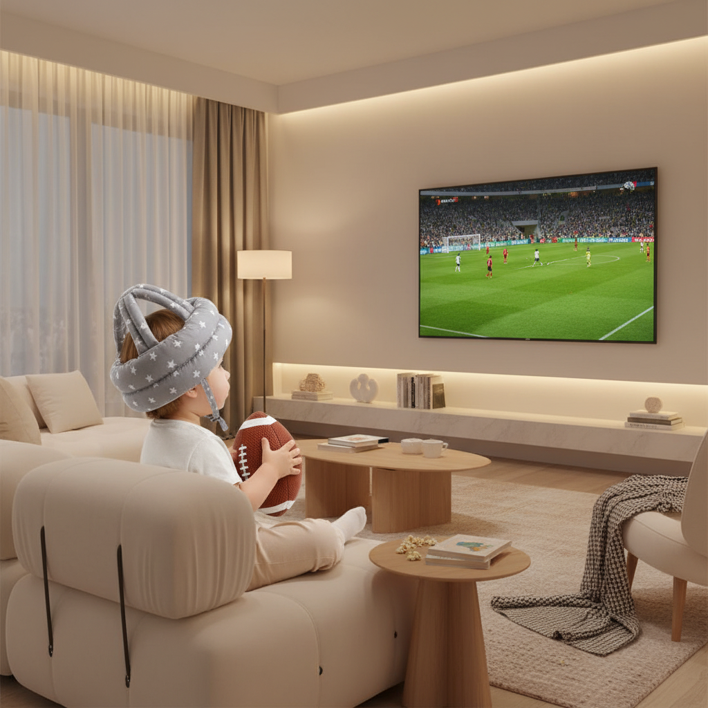 Toddler watching football in safety helmet